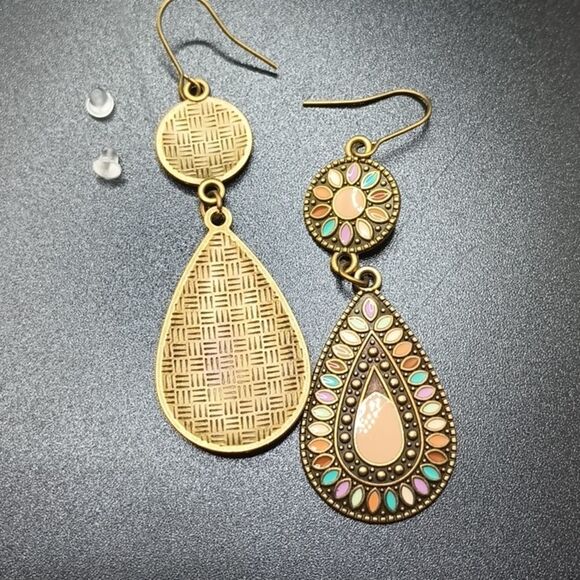 Bronze pastel earrings drop pear shape  multicolor bohemian jewelry - Picture 5 of 5